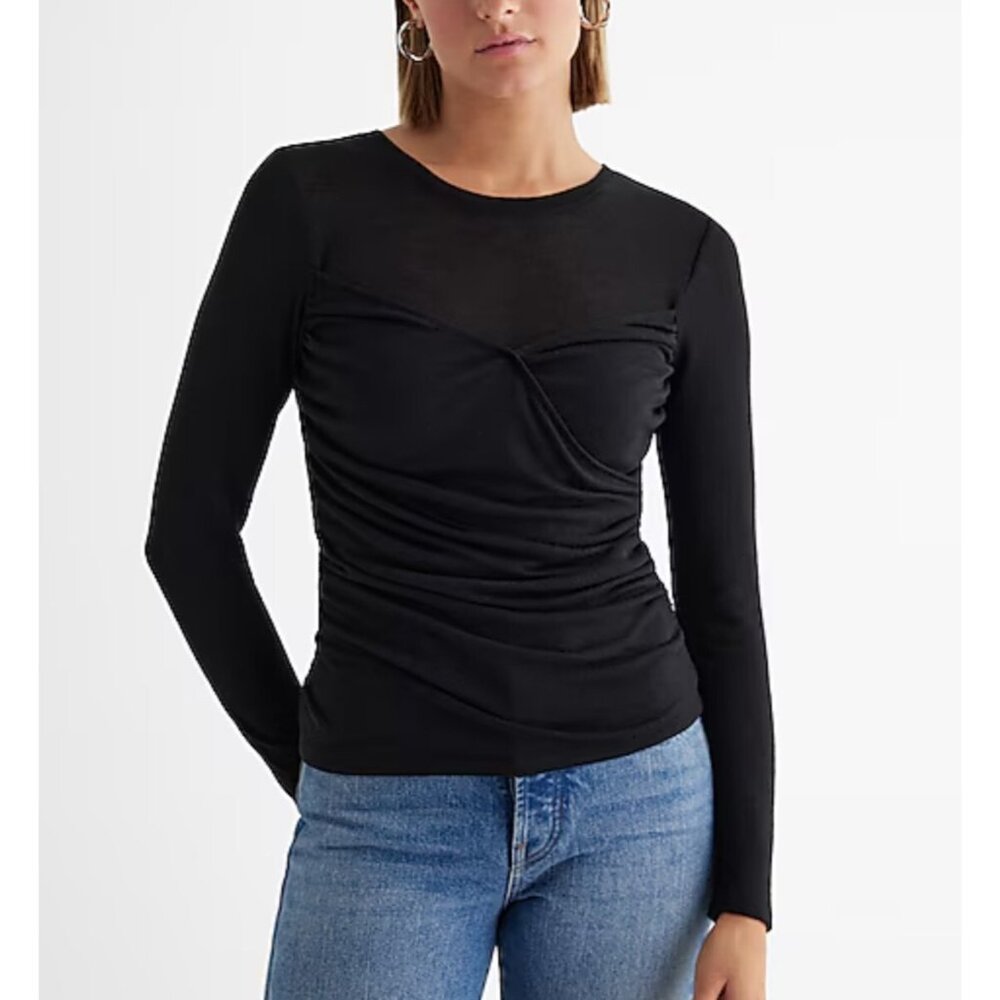 Express Top Women Sz XL Black Crew Neck Faux Wrap Front Tee Date Night Romantic
